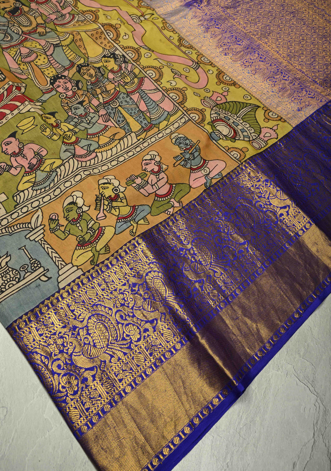 Sita Ram Kalyanam Theme :  Authentic Pen Kalamkari on Pure Kanjivaram Silk Saree with Wide Zari Border | SILK MARK CERTIFIED