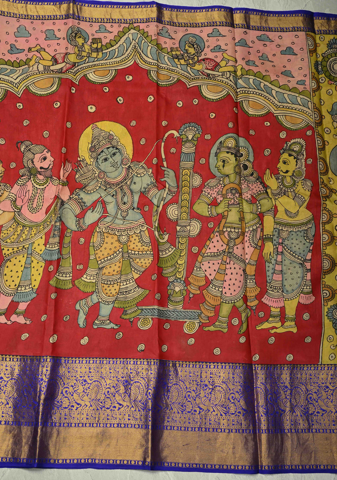 Sita Ram Kalyanam Theme :  Authentic Pen Kalamkari on Pure Kanjivaram Silk Saree with Wide Zari Border | SILK MARK CERTIFIED