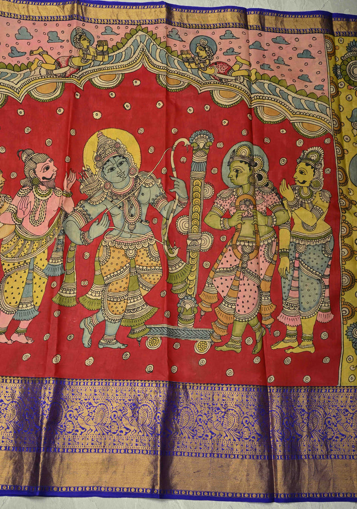 Sita Ram Kalyanam Theme :  Authentic Pen Kalamkari on Pure Kanjivaram Silk Saree with Wide Zari Border | SILK MARK CERTIFIED