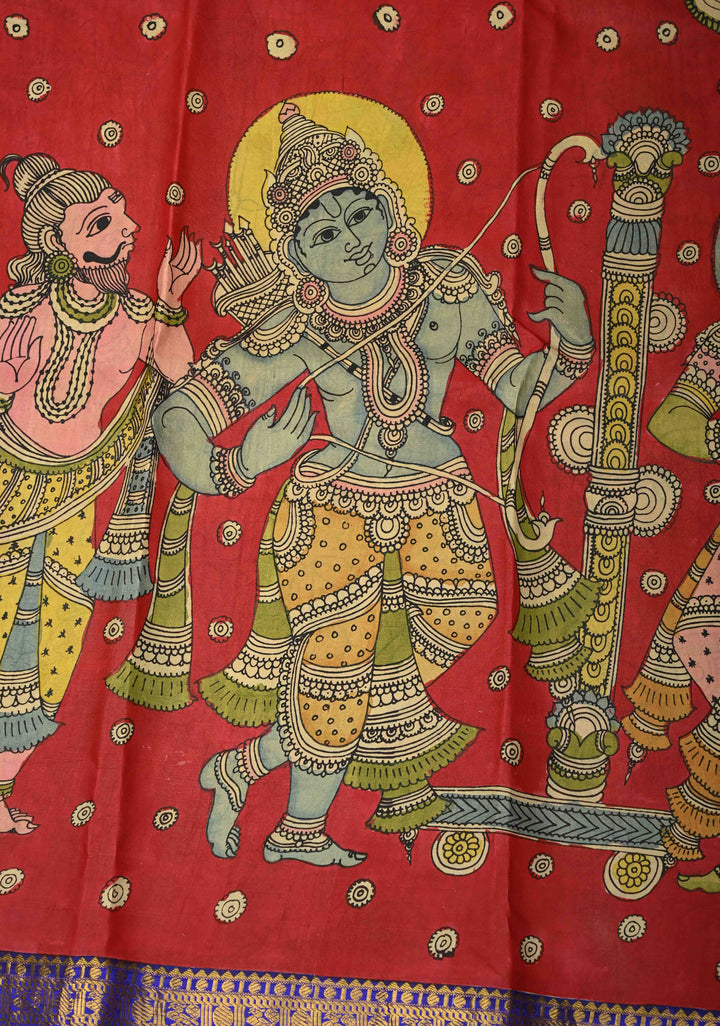 Sita Ram Kalyanam Theme :  Authentic Pen Kalamkari on Pure Kanjivaram Silk Saree with Wide Zari Border | SILK MARK CERTIFIED