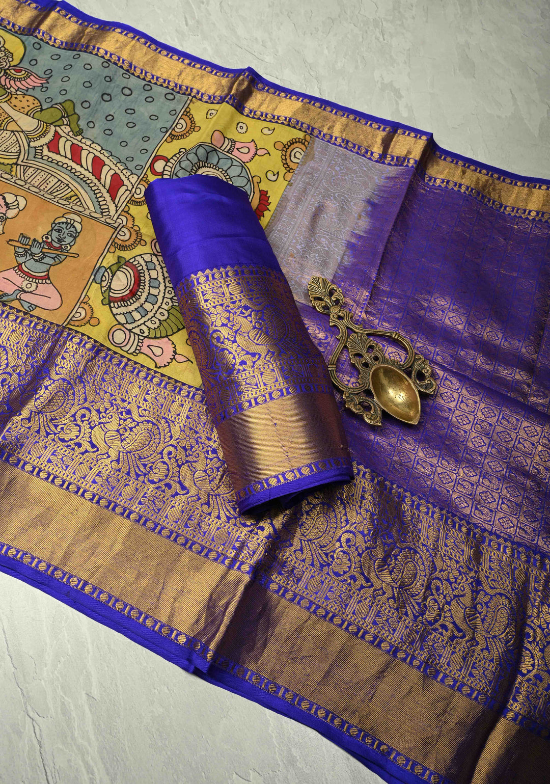 Sita Ram Kalyanam Theme :  Authentic Pen Kalamkari on Pure Kanjivaram Silk Saree with Wide Zari Border | SILK MARK CERTIFIED