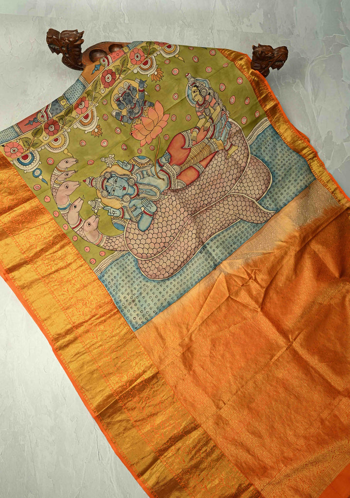 Dashavartaram Theme and Anantashayana on Pallu :  Green Authentic Pen Kalamkari on Pure Kanjivaram Silk Saree with Wide Zari Border | SILK MARK CERTIFIED