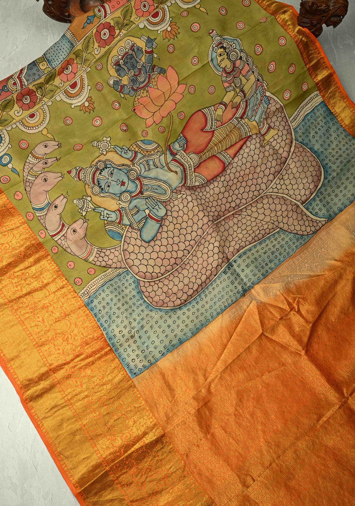 Dashavartaram Theme and Anantashayana on Pallu :  Green Authentic Pen Kalamkari on Pure Kanjivaram Silk Saree with Wide Zari Border | SILK MARK CERTIFIED