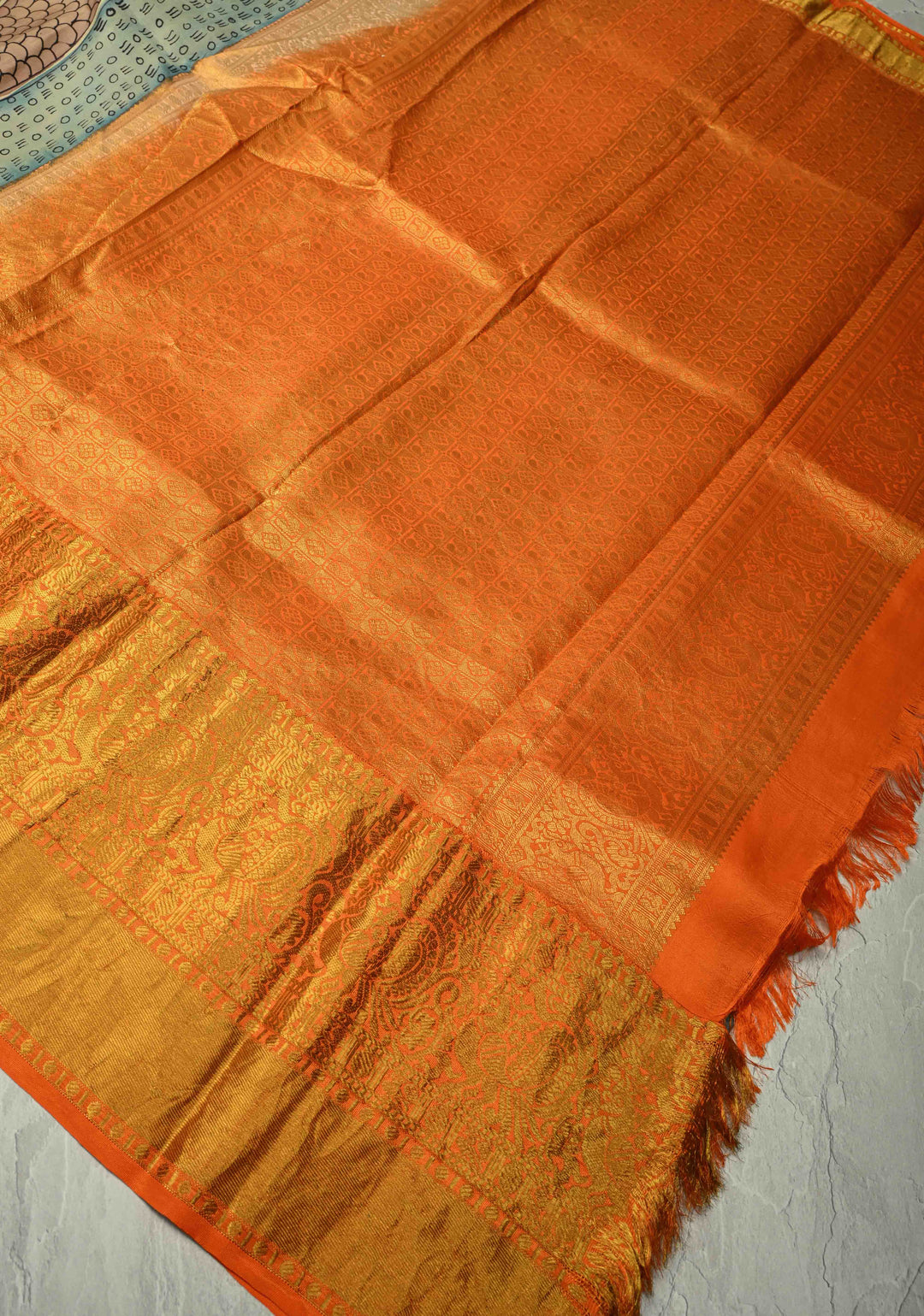 Dashavartaram Theme and Anantashayana on Pallu :  Green Authentic Pen Kalamkari on Pure Kanjivaram Silk Saree with Wide Zari Border | SILK MARK CERTIFIED