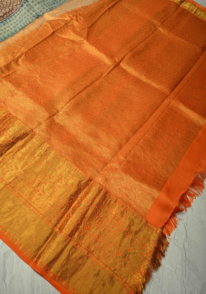 Dashavartaram Theme and Anantashayana on Pallu :  Green Authentic Pen Kalamkari on Pure Kanjivaram Silk Saree with Wide Zari Border | SILK MARK CERTIFIED