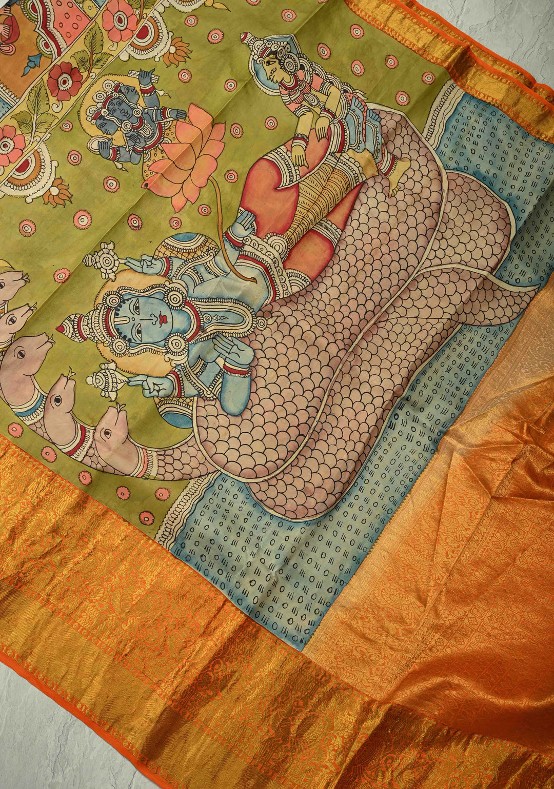 Dashavartaram Theme and Anantashayana on Pallu :  Green Authentic Pen Kalamkari on Pure Kanjivaram Silk Saree with Wide Zari Border | SILK MARK CERTIFIED