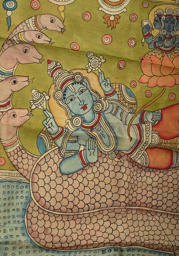 Dashavartaram Theme and Anantashayana on Pallu :  Green Authentic Pen Kalamkari on Pure Kanjivaram Silk Saree with Wide Zari Border | SILK MARK CERTIFIED