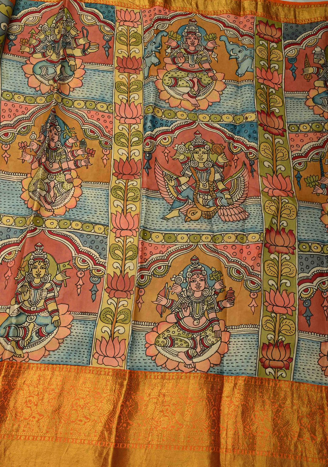 Dashavartaram Theme and Anantashayana on Pallu :  Green Authentic Pen Kalamkari on Pure Kanjivaram Silk Saree with Wide Zari Border | SILK MARK CERTIFIED
