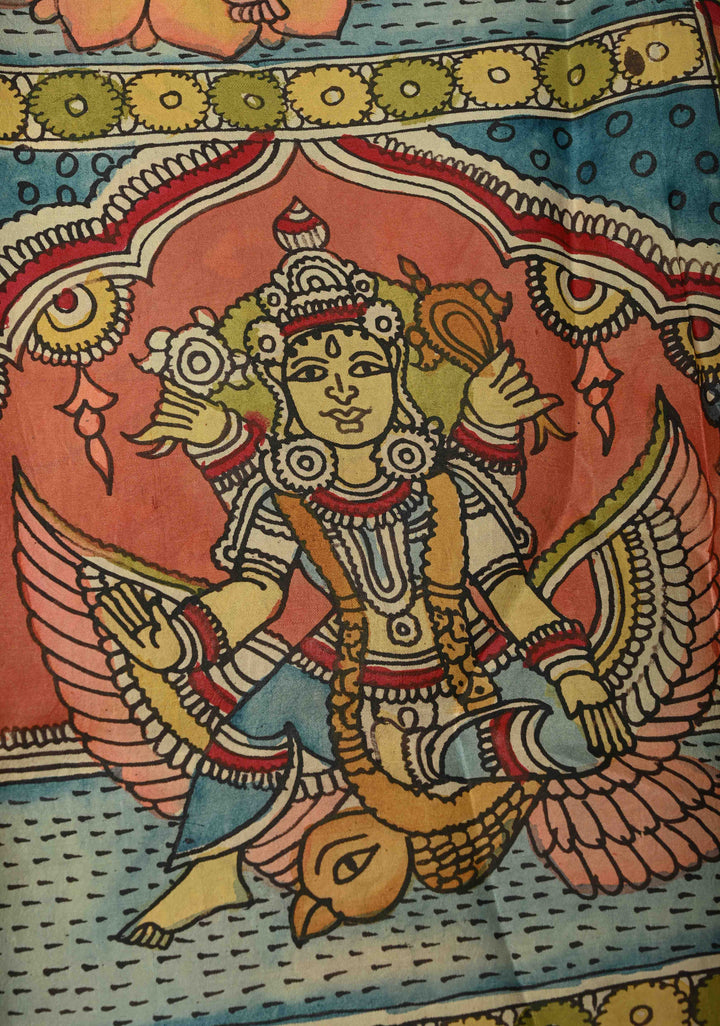 Dashavartaram Theme and Anantashayana on Pallu :  Green Authentic Pen Kalamkari on Pure Kanjivaram Silk Saree with Wide Zari Border | SILK MARK CERTIFIED