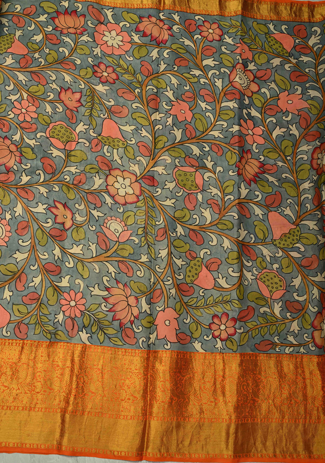 Dashavartaram Theme and Anantashayana on Pallu :  Green Authentic Pen Kalamkari on Pure Kanjivaram Silk Saree with Wide Zari Border | SILK MARK CERTIFIED