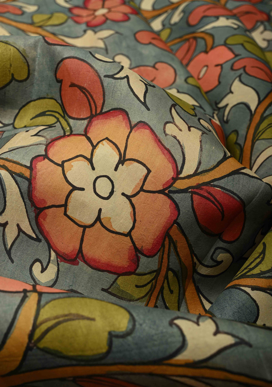 Dashavartaram Theme and Anantashayana on Pallu :  Green Authentic Pen Kalamkari on Pure Kanjivaram Silk Saree with Wide Zari Border | SILK MARK CERTIFIED