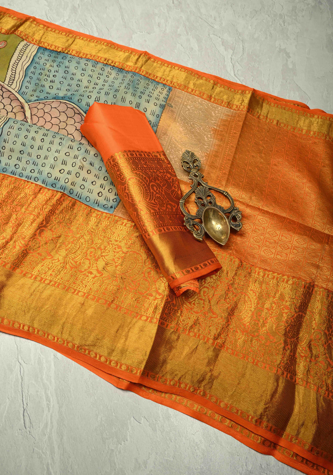 Dashavartaram Theme and Anantashayana on Pallu :  Green Authentic Pen Kalamkari on Pure Kanjivaram Silk Saree with Wide Zari Border | SILK MARK CERTIFIED