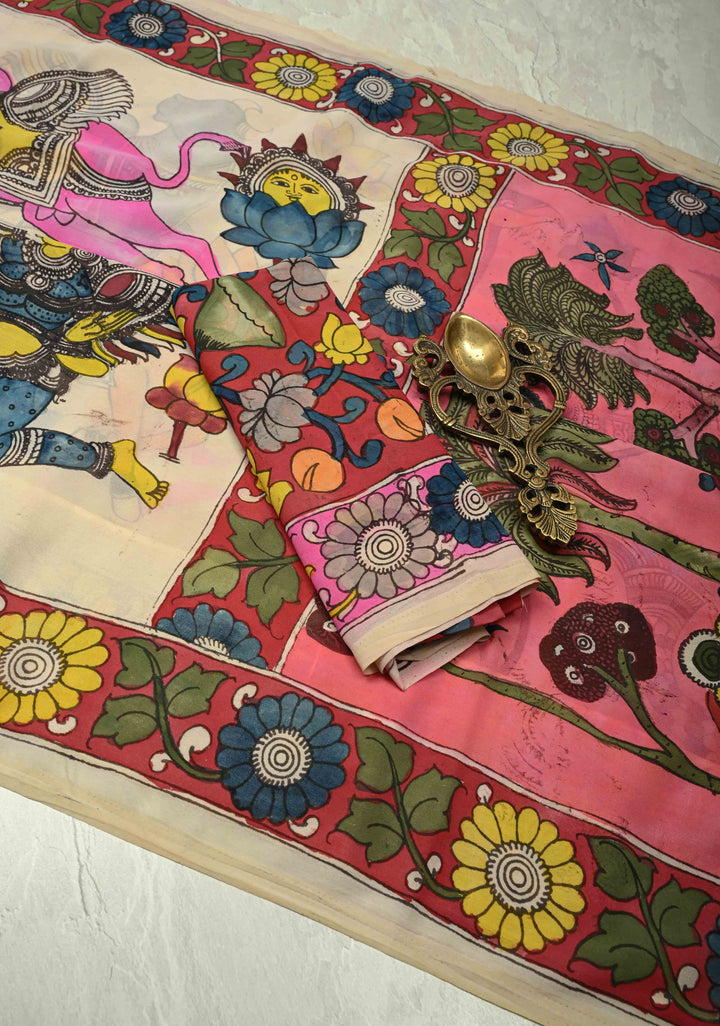 Radhe Krishna Pallu theme - Beige Authentic Pen Kalamkari on Pure Georgette Silk Saree with Mythological Motifs | SILK MARK CERTIFIED