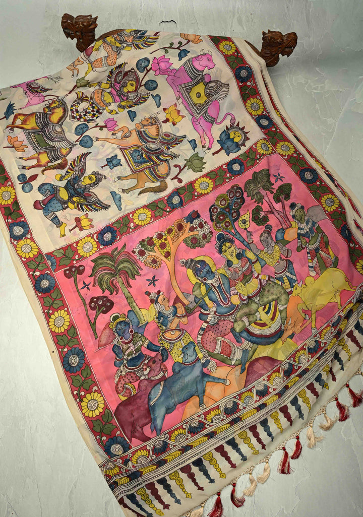 Radhe Krishna Pallu theme - Beige Authentic Pen Kalamkari on Pure Georgette Silk Saree with Mythological Motifs | SILK MARK CERTIFIED