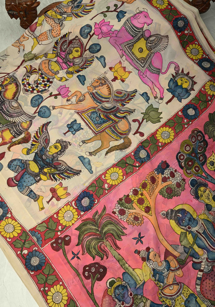 Radhe Krishna Pallu theme - Beige Authentic Pen Kalamkari on Pure Georgette Silk Saree with Mythological Motifs | SILK MARK CERTIFIED