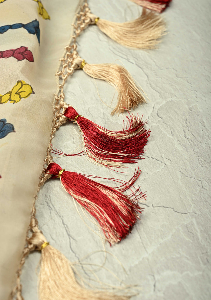 Radhe Krishna Pallu theme - Beige Authentic Pen Kalamkari on Pure Georgette Silk Saree with Mythological Motifs | SILK MARK CERTIFIED