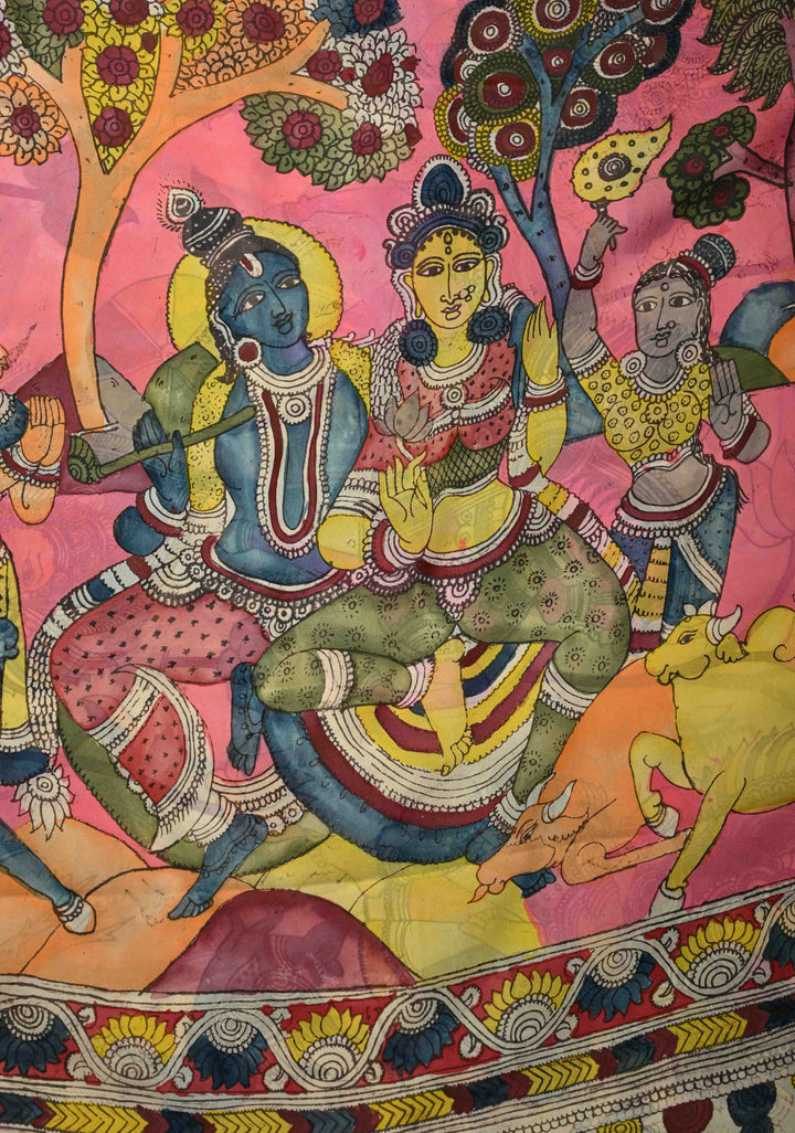 Radhe Krishna Pallu theme - Beige Authentic Pen Kalamkari on Pure Georgette Silk Saree with Mythological Motifs | SILK MARK CERTIFIED