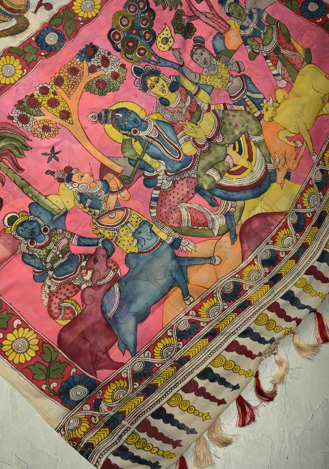 Radhe Krishna Pallu theme - Beige Authentic Pen Kalamkari on Pure Georgette Silk Saree with Mythological Motifs | SILK MARK CERTIFIED