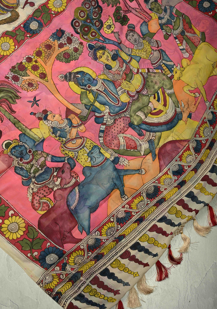 Radhe Krishna Pallu theme - Beige Authentic Pen Kalamkari on Pure Georgette Silk Saree with Mythological Motifs | SILK MARK CERTIFIED