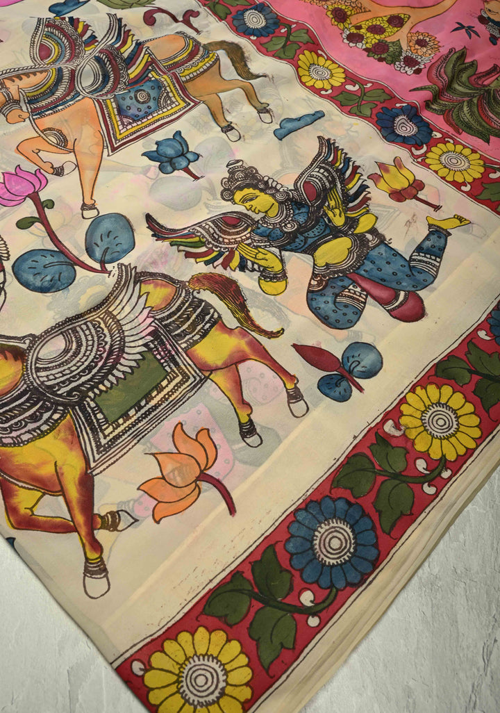 Radhe Krishna Pallu theme - Beige Authentic Pen Kalamkari on Pure Georgette Silk Saree with Mythological Motifs | SILK MARK CERTIFIED