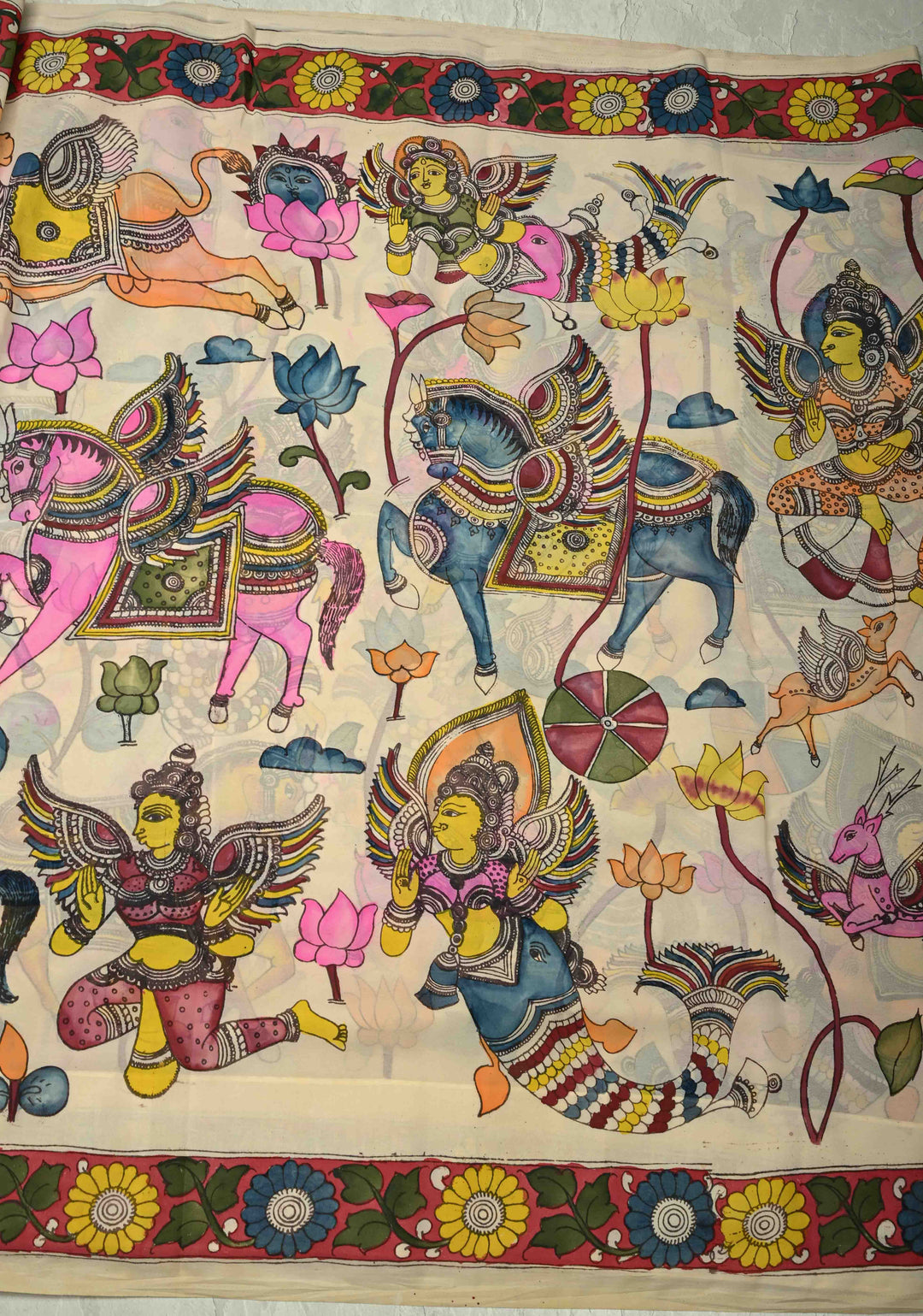 Radhe Krishna Pallu theme - Beige Authentic Pen Kalamkari on Pure Georgette Silk Saree with Mythological Motifs | SILK MARK CERTIFIED