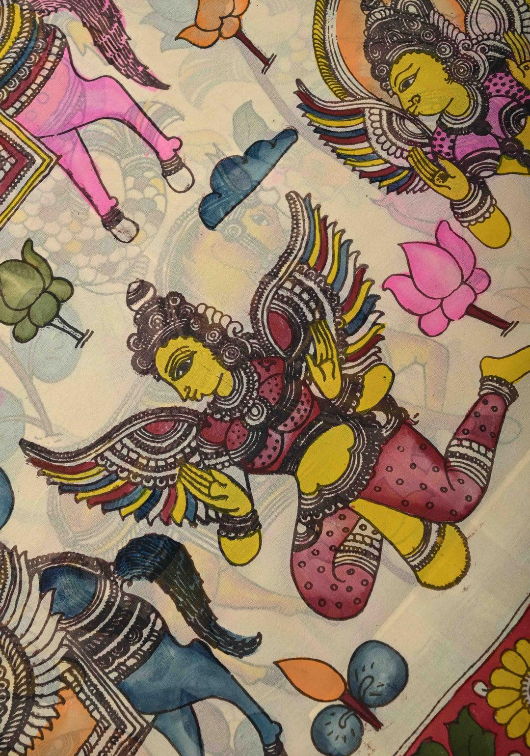 Radhe Krishna Pallu theme - Beige Authentic Pen Kalamkari on Pure Georgette Silk Saree with Mythological Motifs | SILK MARK CERTIFIED