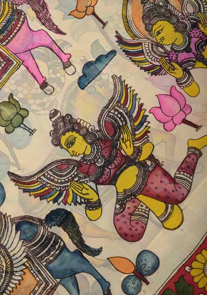 Radhe Krishna Pallu theme - Beige Authentic Pen Kalamkari on Pure Georgette Silk Saree with Mythological Motifs | SILK MARK CERTIFIED