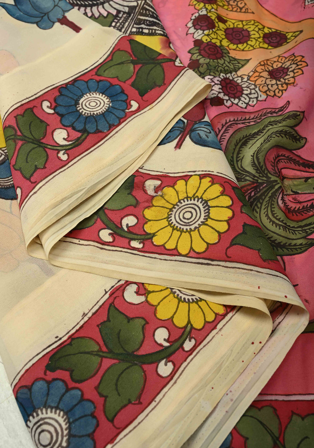 Radhe Krishna Pallu theme - Beige Authentic Pen Kalamkari on Pure Georgette Silk Saree with Mythological Motifs | SILK MARK CERTIFIED