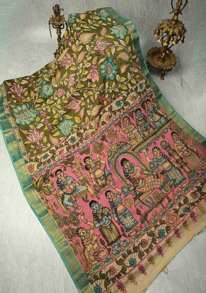 Mythological Motifs Pallu Theme: Henna Green Authentic Pen kalamkari on Pure Mangalagiri Silk Cotton Saree With Zari Border | SILK MARK CERTIFIED | SHOBITAM