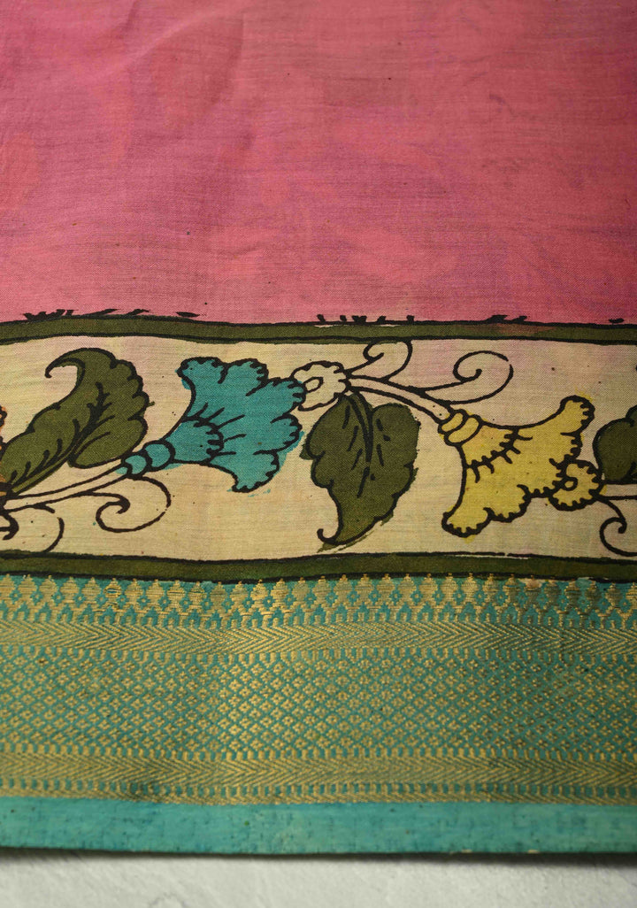 Mythological Motifs Pallu Theme: Henna Green Authentic Pen kalamkari on Pure Mangalagiri Silk Cotton Saree With Zari Border | SILK MARK CERTIFIED | SHOBITAM