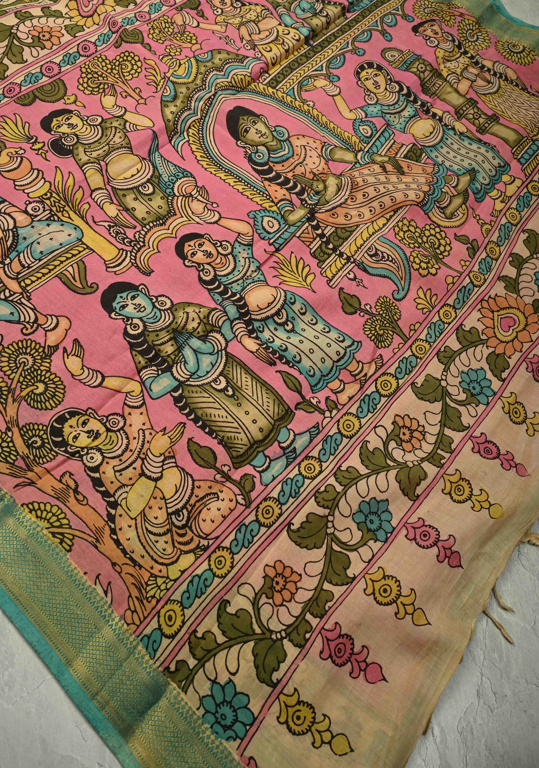Mythological Motifs Pallu Theme: Henna Green Authentic Pen kalamkari on Pure Mangalagiri Silk Cotton Saree With Zari Border | SILK MARK CERTIFIED | SHOBITAM