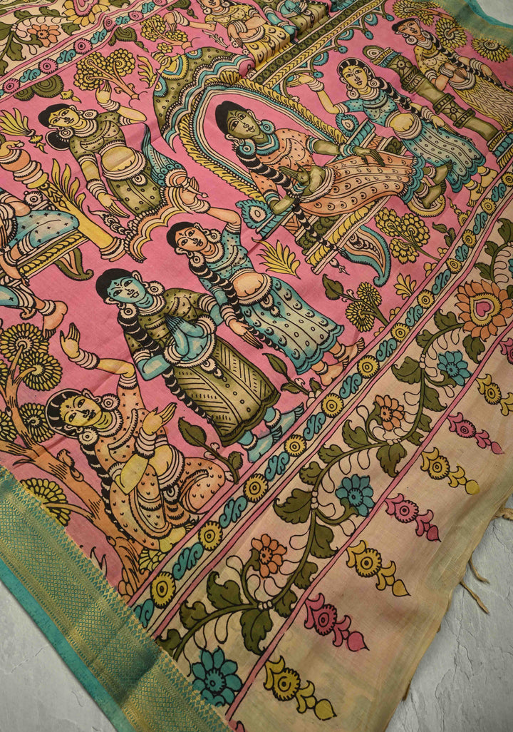 Mythological Motifs Pallu Theme: Henna Green Authentic Pen kalamkari on Pure Mangalagiri Silk Cotton Saree With Zari Border | SILK MARK CERTIFIED | SHOBITAM