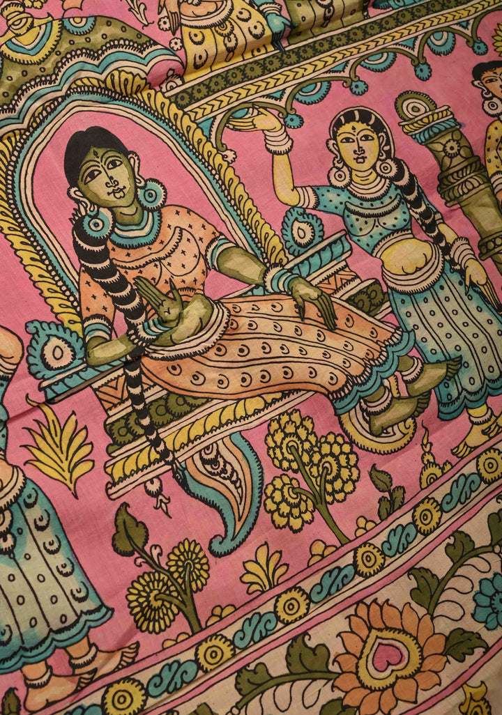 Mythological Motifs Pallu Theme: Henna Green Authentic Pen kalamkari on Pure Mangalagiri Silk Cotton Saree With Zari Border | SILK MARK CERTIFIED | SHOBITAM