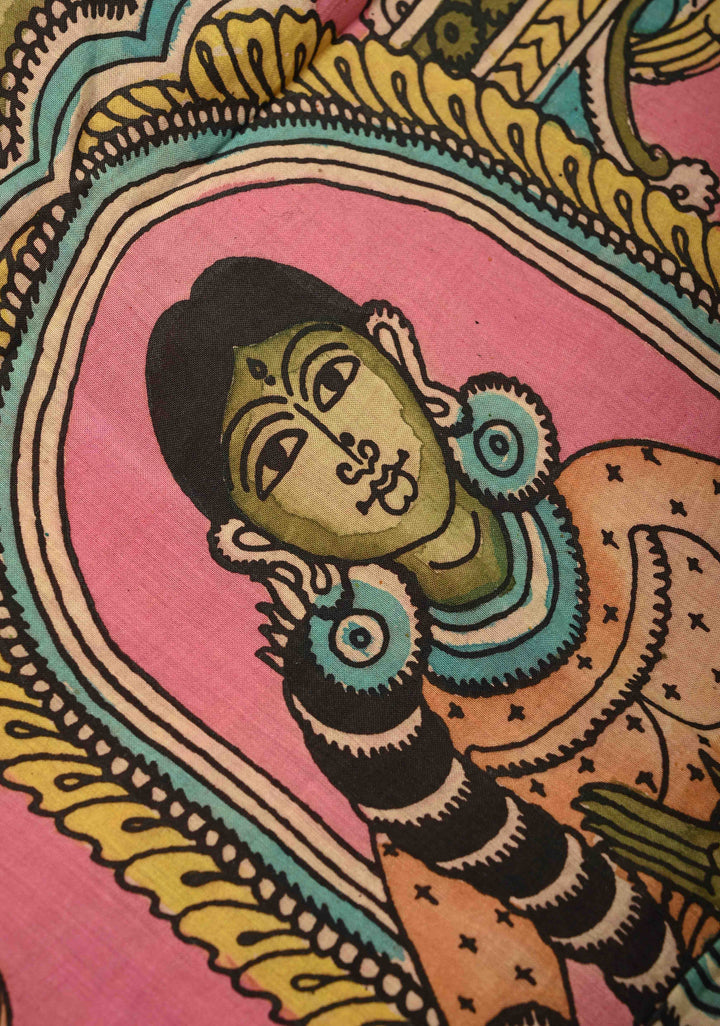 Mythological Motifs Pallu Theme: Henna Green Authentic Pen kalamkari on Pure Mangalagiri Silk Cotton Saree With Zari Border | SILK MARK CERTIFIED | SHOBITAM