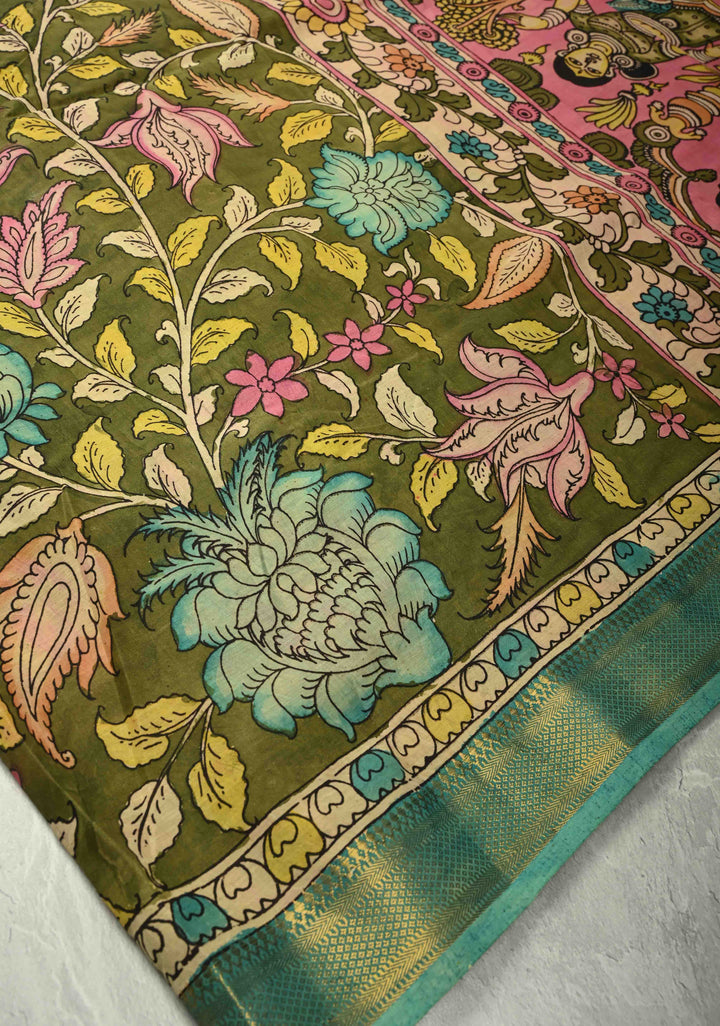 Mythological Motifs Pallu Theme: Henna Green Authentic Pen kalamkari on Pure Mangalagiri Silk Cotton Saree With Zari Border | SILK MARK CERTIFIED | SHOBITAM