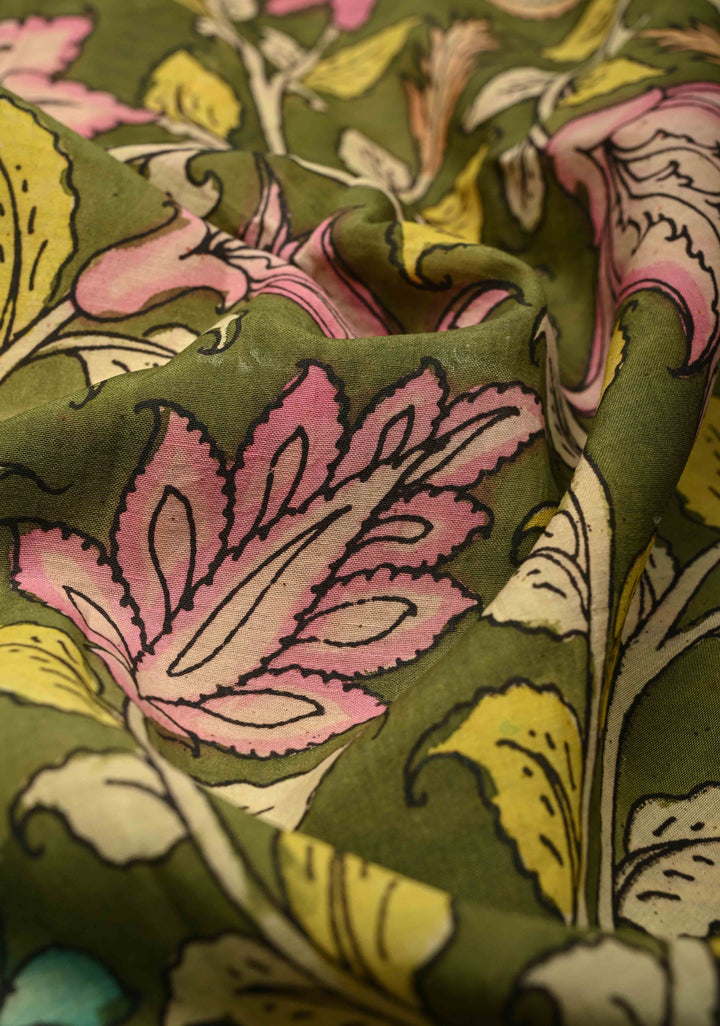 Mythological Motifs Pallu Theme: Henna Green Authentic Pen kalamkari on Pure Mangalagiri Silk Cotton Saree With Zari Border | SILK MARK CERTIFIED | SHOBITAM