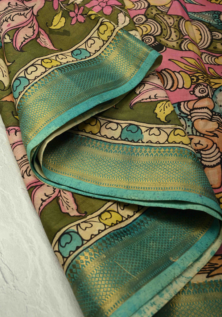 Mythological Motifs Pallu Theme: Henna Green Authentic Pen kalamkari on Pure Mangalagiri Silk Cotton Saree With Zari Border | SILK MARK CERTIFIED | SHOBITAM