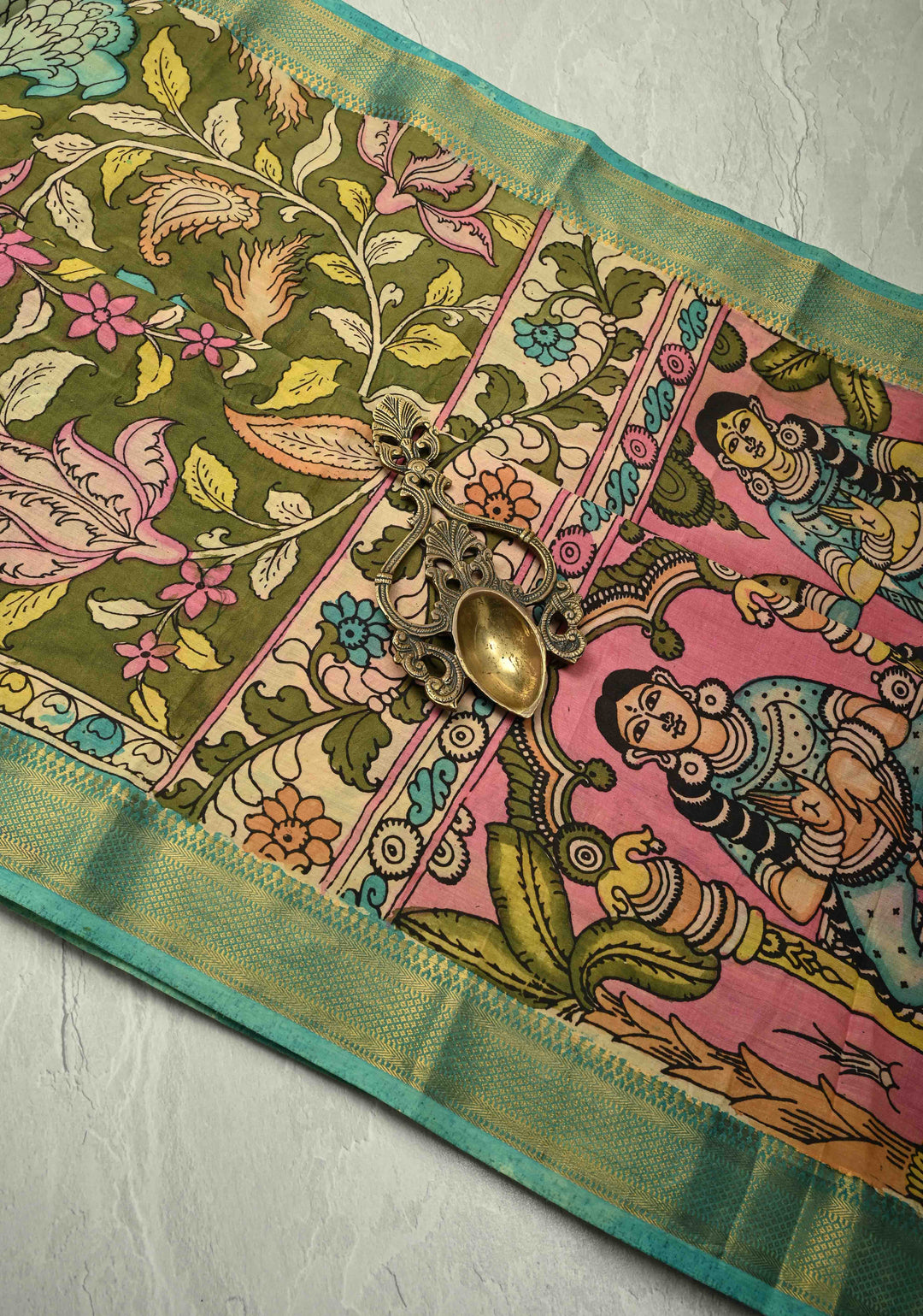 Mythological Motifs Pallu Theme: Henna Green Authentic Pen kalamkari on Pure Mangalagiri Silk Cotton Saree With Zari Border | SILK MARK CERTIFIED | SHOBITAM