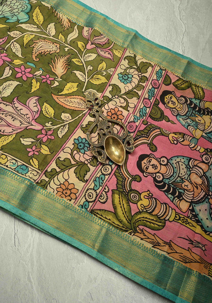 Mythological Motifs Pallu Theme: Henna Green Authentic Pen kalamkari on Pure Mangalagiri Silk Cotton Saree With Zari Border | SILK MARK CERTIFIED | SHOBITAM