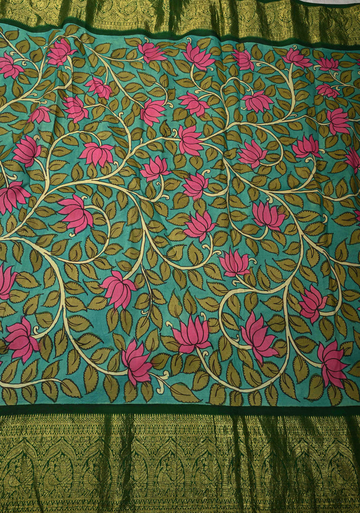 Nari Shakti and Floral Theme  : Turquoise Authentic Pen Kalamkari on Pure Kanjivaram Silk Saree with Bottle Green Zari Border | SILK MARK CERTIFIED