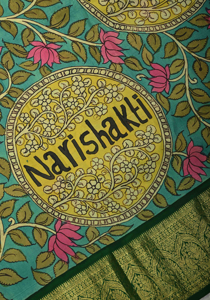 Nari Shakti and Floral Theme  : Turquoise Authentic Pen Kalamkari on Pure Kanjivaram Silk Saree with Bottle Green Zari Border | SILK MARK CERTIFIED