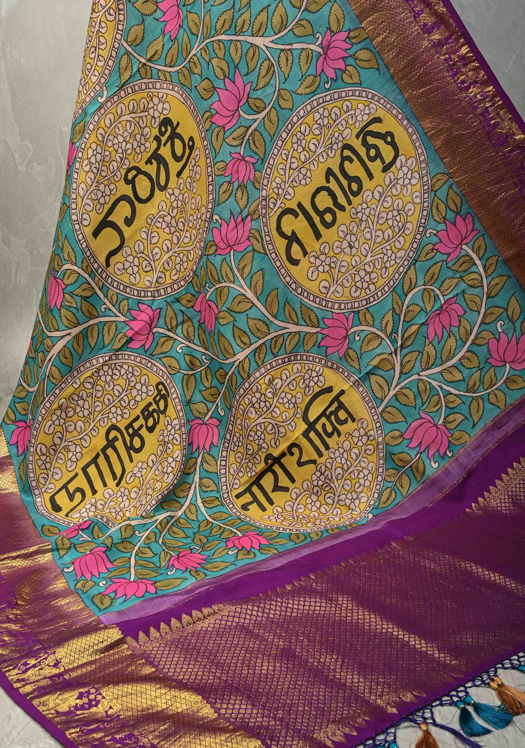 Dupatta: Turquoise Authentic Pen Kalamkari Hand Painted on Kanjivaram Pure Silk Dupatta with Nari Shakti Theme and Purple Zari Border | SILK MARK CERTIFIED