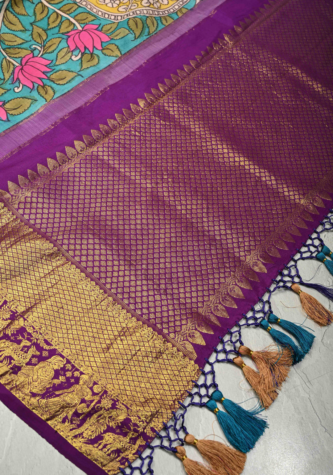 Dupatta: Turquoise Authentic Pen Kalamkari Hand Painted on Kanjivaram Pure Silk Dupatta with Nari Shakti Theme and Purple Zari Border | SILK MARK CERTIFIED
