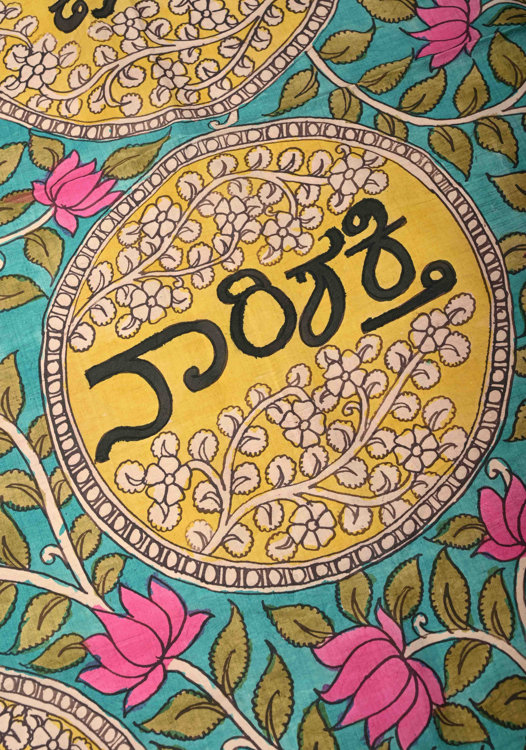 Dupatta: Turquoise Authentic Pen Kalamkari Hand Painted on Kanjivaram Pure Silk Dupatta with Nari Shakti Theme and Purple Zari Border | SILK MARK CERTIFIED