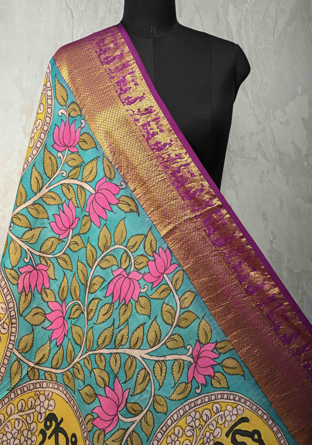 Dupatta: Turquoise Authentic Pen Kalamkari Hand Painted on Kanjivaram Pure Silk Dupatta with Nari Shakti Theme and Purple Zari Border | SILK MARK CERTIFIED