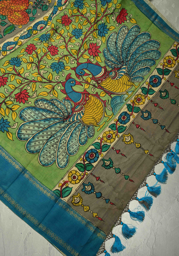 Floral and Peacock Theme : Grey Authentic Pen kalamkari on pure Chennuri Silk Saree with Border