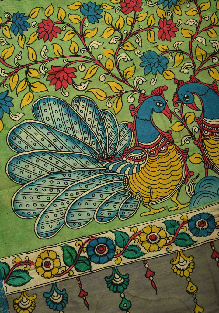 Floral and Peacock Theme : Grey Authentic Pen kalamkari on pure Chennuri Silk Saree with Border