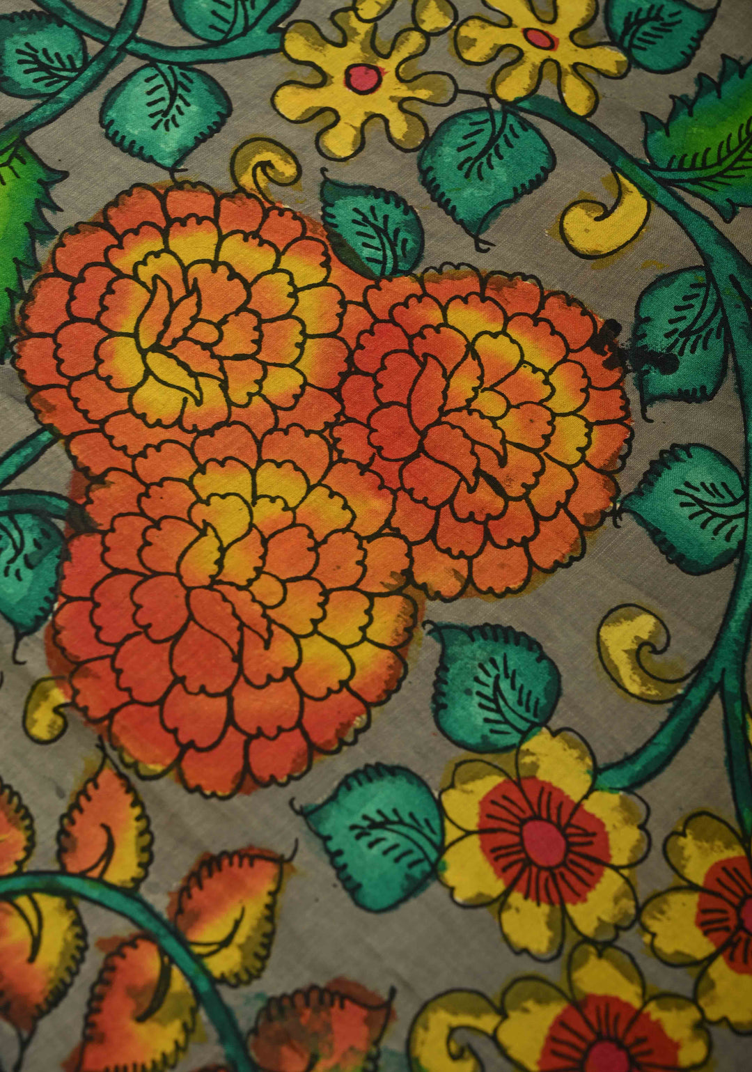 Floral and Peacock Theme : Grey Authentic Pen kalamkari on pure Chennuri Silk Saree with Border