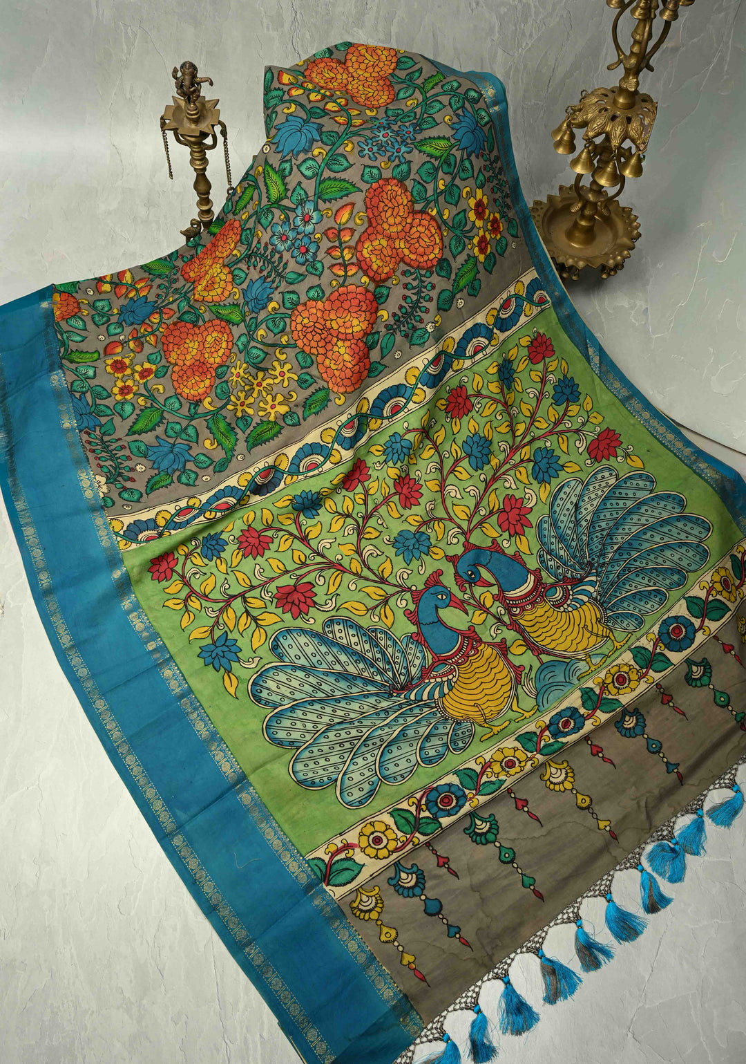 Floral and Peacock Theme : Grey Authentic Pen kalamkari on pure Chennuri Silk Saree with Border