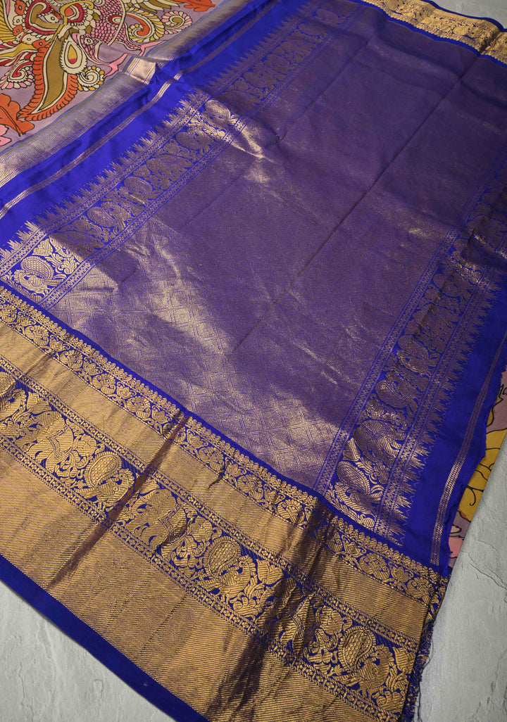Authentic Pen Kalamkari on Pure Kanjivaram Silk Saree with Contrast Zari Border | SILK MARK CERTIFIED